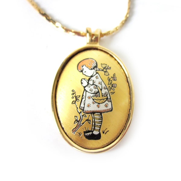 Devotion to Mother Pendant, Berta Hummel, Reed and Barton Damascene Jewelry Collection, Mothers Day, Gold Oval Pendant, Vintage Necklace