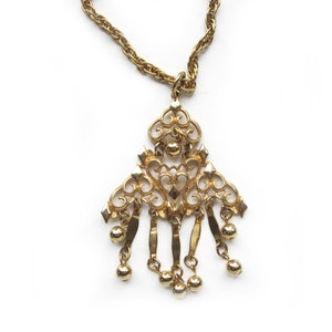 Vintage Statement Necklace, Gold Tone Filigree Pendant with Dangle Tassels, Pyramid Shaped Pendant, Dangle Jewelry, Disco Style
