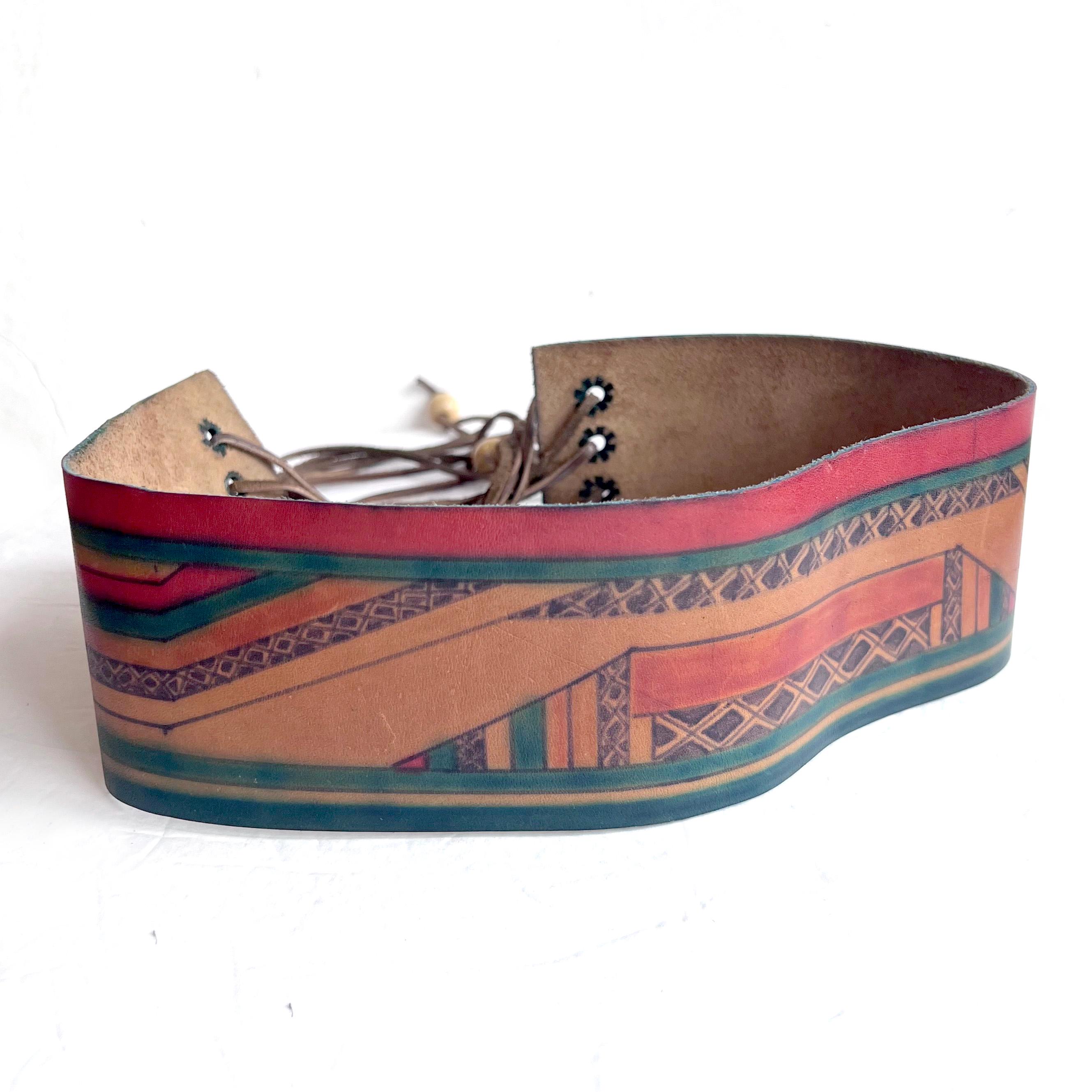 Vintage Brown Leather Floral Fringe Belt Beads Hand Painted Boho Hippie Brown Floral Belts for Women for sale | eBay main image 4