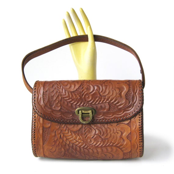 Vintage Tooled Leather Handbag with Horse Shoe Cla