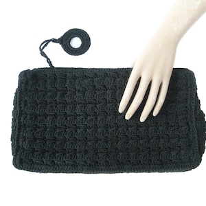 1940s 1950s Vintage Black Corded Clutch Handbag, Rockabilly Style, Swing Style, Black Cord Handbag with Round Zipper Pull
