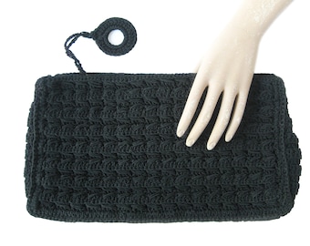Vintage 1940s Black Corded Clutch: Rockabilly Swing Handbag