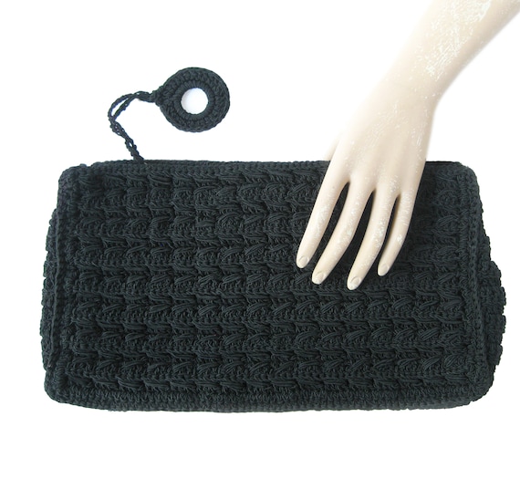 1940s 1950s Vintage Black Corded Clutch Handbag, … - image 1