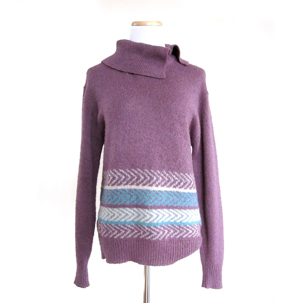 Vintage James Kenrob Pullover Sweater, Purple Sweater with Asymmetric Cowl Collar, Aqua Blue Arrow Details, Woman's Large Sweater