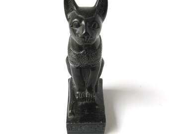 ヴィンテージ彫刻の黒い石のエジプト猫像：象形文字の台座 - Etsy 日本
