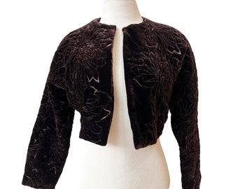 Vintage Oscar de la Renta VELVET Shrug, Quilted Jacket, Floral Embroidered Cropped Jacket, Bolero, Designer Jacket, USA Made, Size 6