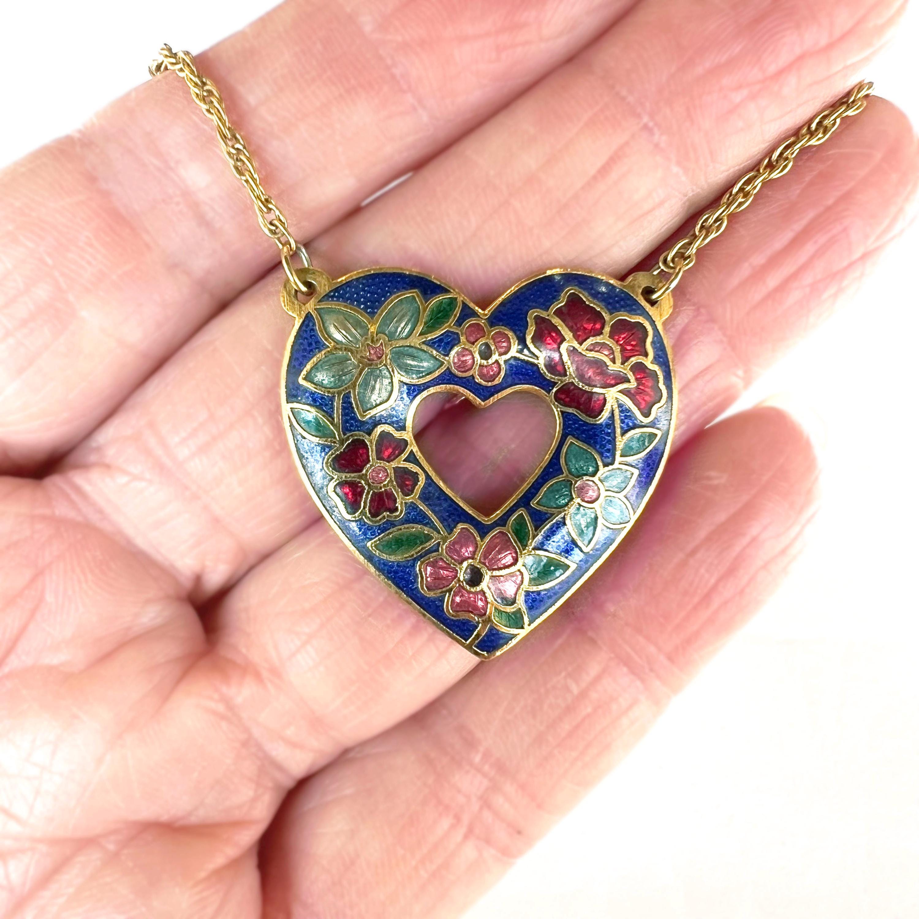 ★VINTAGE HOLLYWOOD★ Colorful Heart Necklace Vintage Cloisonné Heart Pendant, Open Heart Shaped Pendant