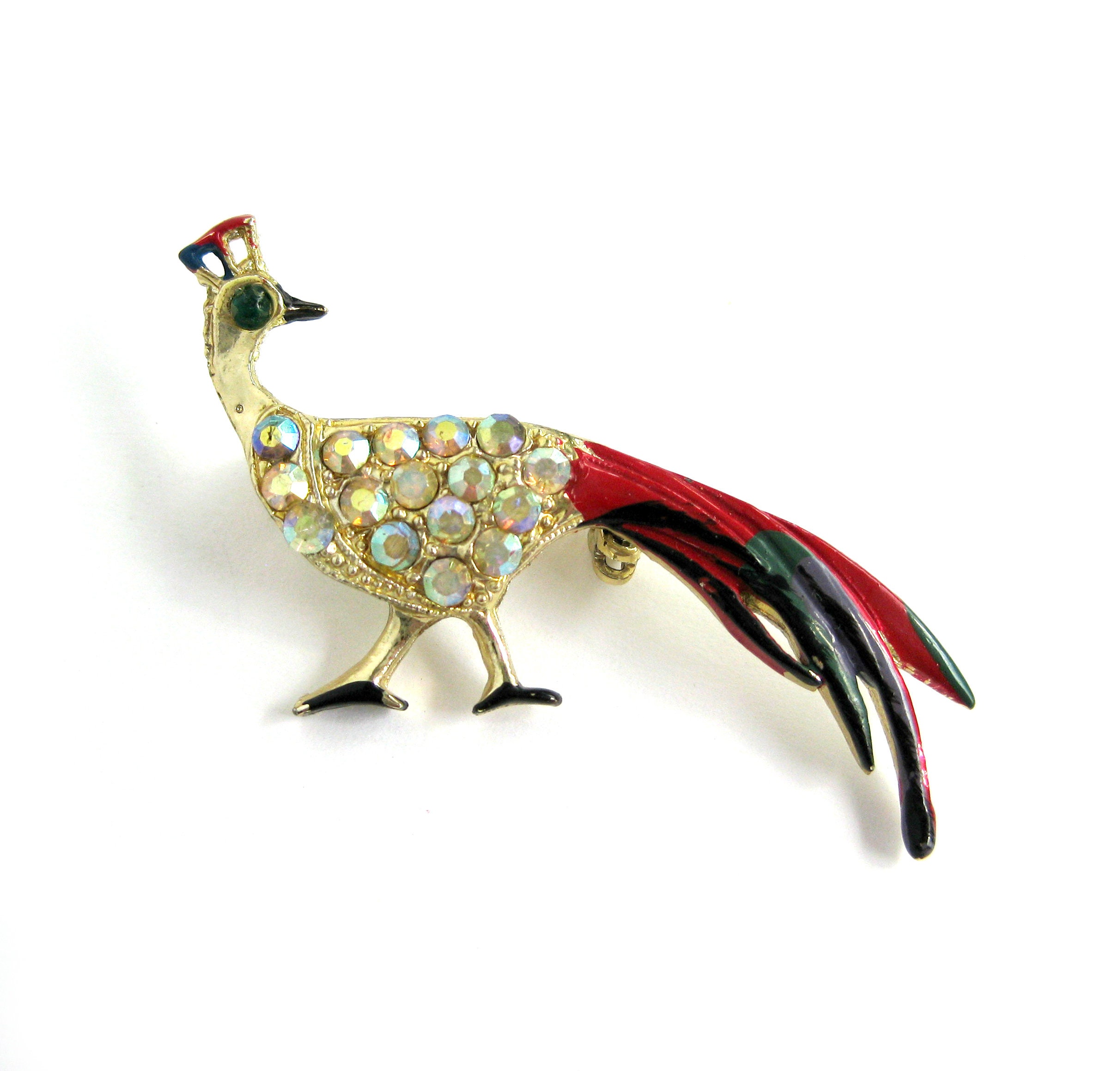 ヴィンテージラインストーンピーコックブローチ：虹色のエナメルバード