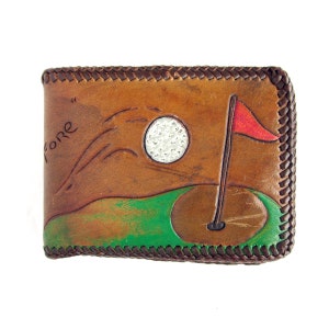 Carteira de couro trabalhada vintage com tema GOLF, carteira estilo ocidental, carteira de couro trabalhada à mão, 18º buraco, estilo rockabilly, FORE, golfista