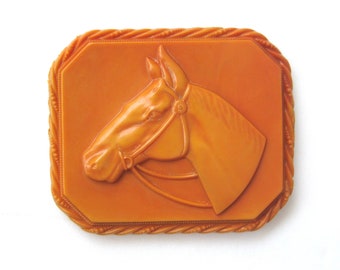 May include: A vintage orange plastic brooch featuring a detailed horse head in relief.