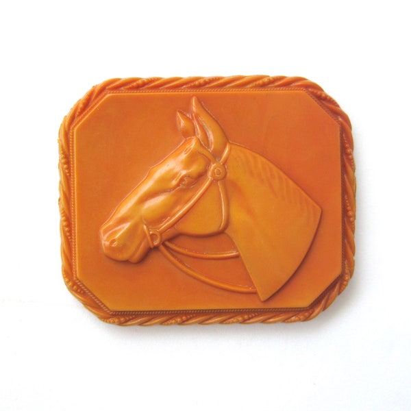Vintage Celluloid Horse Head Brooch, Embossed Relief Equestrian Brooch, Octagonal Deco Piece, Cowgirl Style, "C" Clasp / 1930s 1940s