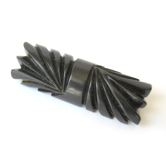 Carved Black Bakelite Brooch, Art Deco Brown Blac… - image 1