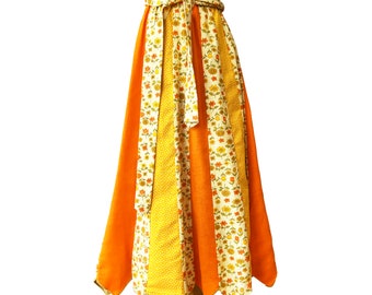 True Vintage 1970s Chessa Davis Maxi Skirt, Orange and Yellow Mixed Print Cotton Patchwork Peasant Skirt, Cottage Core, Boho Style, Festival