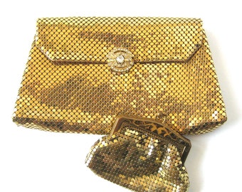 1950s Whiting and Davis GOLD Mesh Bag and Change Purse / Decorative Rhinestone Clasp / Metal Mesh / Gold Metallic Designer Evening Bag