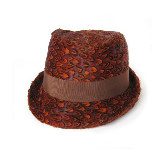 1950s Feather Fedora Style Hat, Orange, Burgundy a