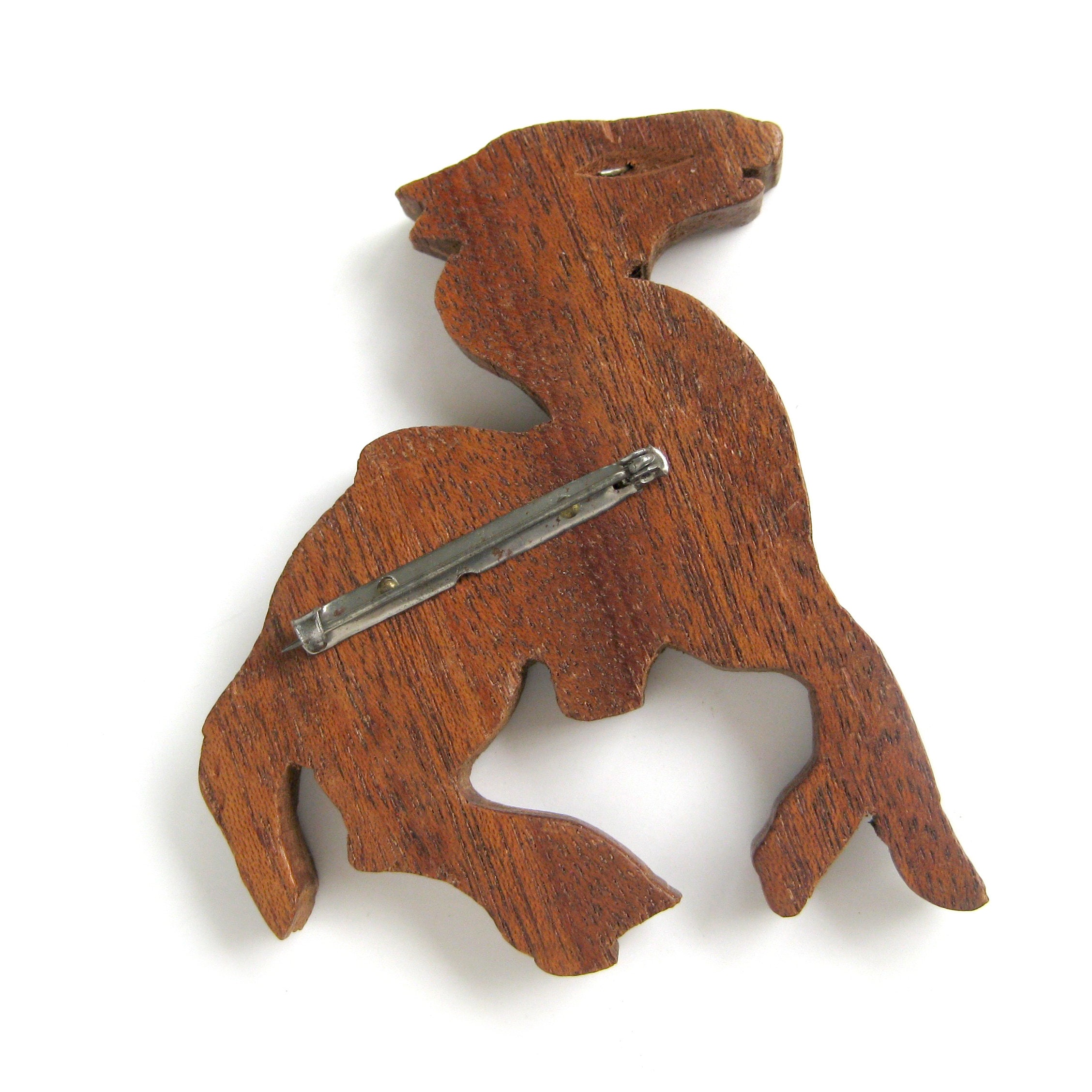 Broche Ancienne Thème Western – Bois, Cuir, Selle Cheval Et Cornes, Fait Main, Vintage USA