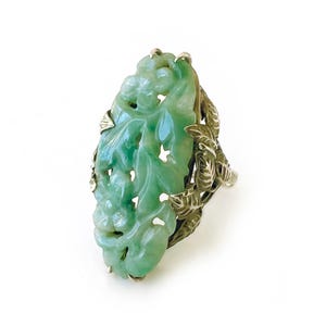 Antique Carved Jade Ring, Art Deco Style 14K Yellow Gold Cocktail Ring, Hand Sculpted Leaf Setting with Floral Carved Jadeite