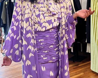 1980s VALENTINO Boutique Lavender and White Silk Cocktail Dress with Scarf Collar and Smock Style Jacket, Floral Pattern, Designer Dress