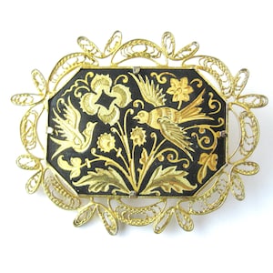 Carved Vintage Brooch with Birds Flowers / Gold Black Brooch / Filigree Setting / Romantic Gift for Her / Feminine Costume Jewelry / Nature