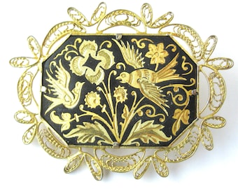 Carved Vintage Brooch with Birds Flowers / Gold Black Brooch / Filigree Setting / Romantic Gift for Her / Feminine Costume Jewelry / Nature