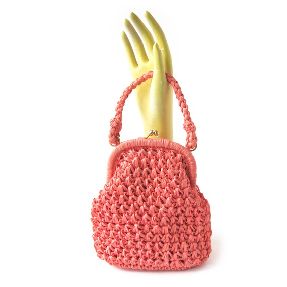 Vintage 60s Crocheted Raffia Handbag, Kiss Clasp H