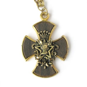 Vintage Heraldic Pendant, Wood Look, Goldtone Necklace, Medieval Jewelry, Cosplay, Renaissance, Coat of Arms Shield, Crown, Gothic Cross