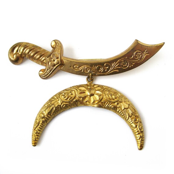 Vintage Sword Scimitar Dangle Brooch With Crescent Stamped Brass