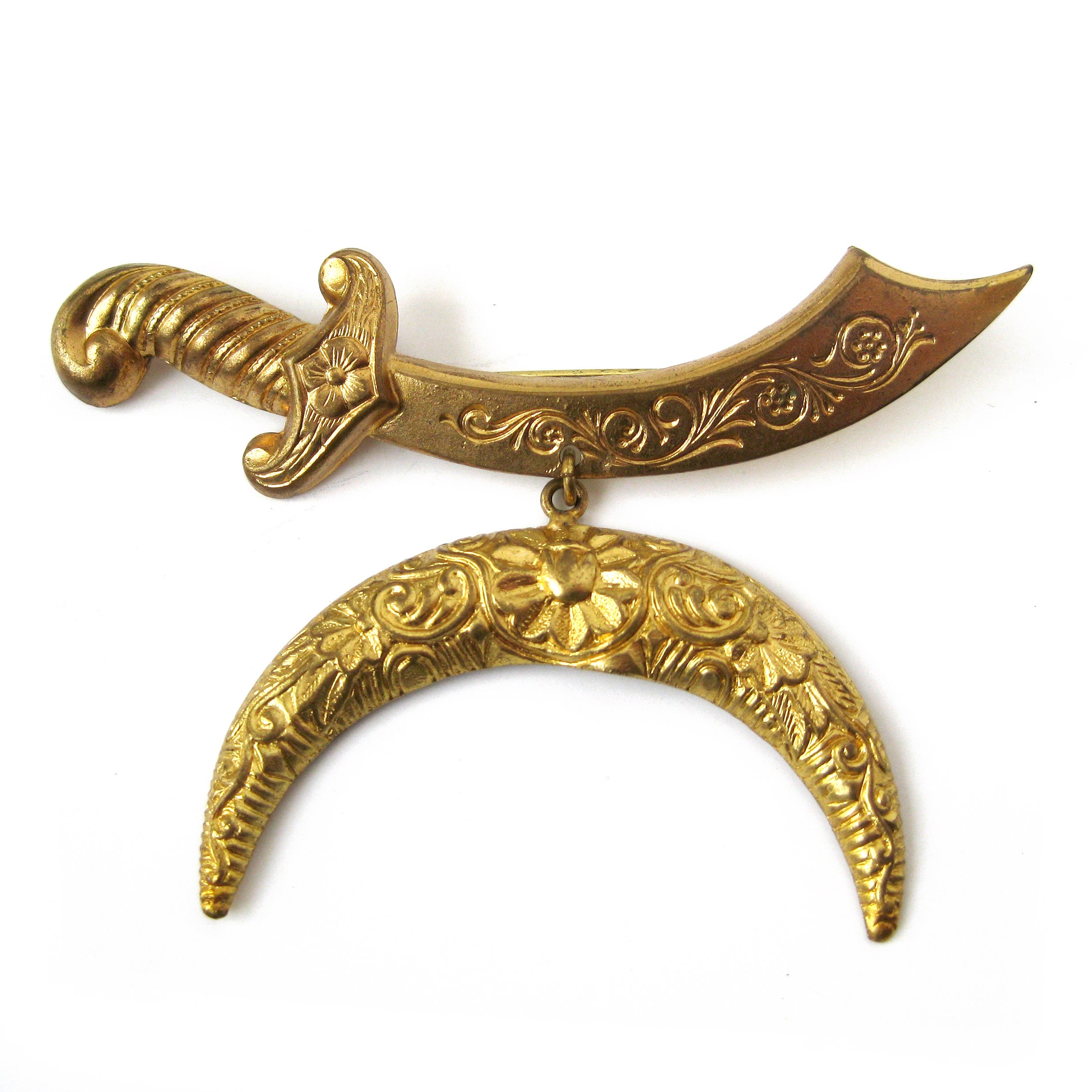 Vintage Sword Scimitar Dangle Brooch With Crescent Stamped Brass
