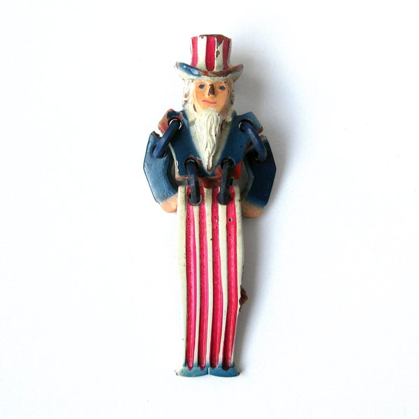 1940s Vintage UNCLE SAM Dangle Brooch, WW2 Era, Celluloid Brooch, Articulated Costume Jewelry, RARE Patriotic 1930s 1940s Jewelry