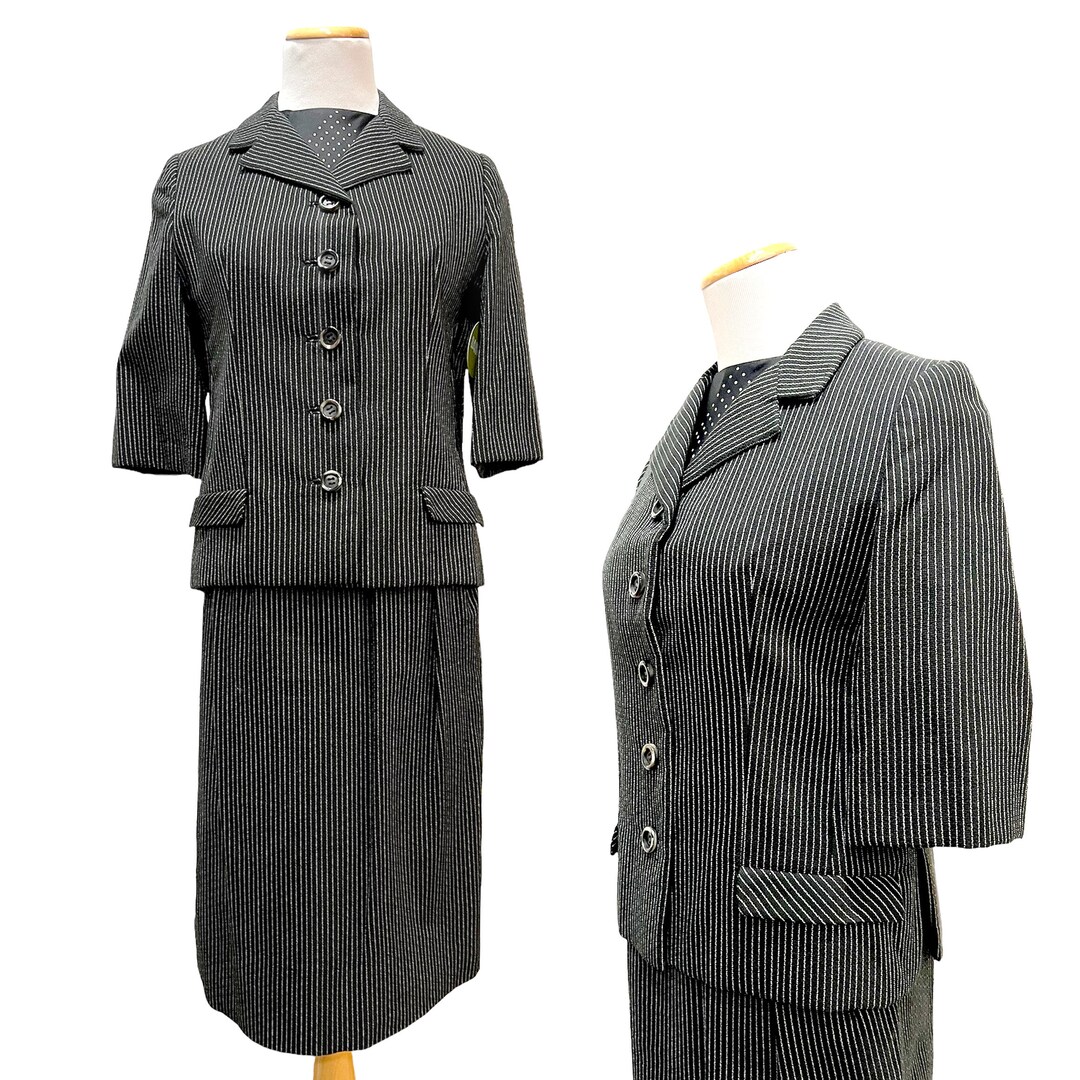 1960s Geoffrey Beene Suit, Designer Three Piece Dress, Black Pin Stripe ...