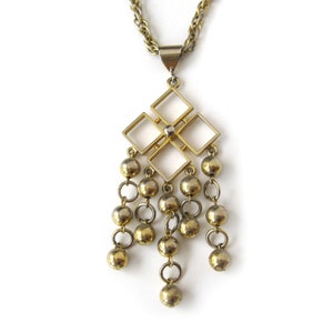 Mod Vintage Dangle Pendant with Diamond Shapes and Ball Drop, Gold Tone Metal Necklace with Chunky Chain, Seventies Jewelry