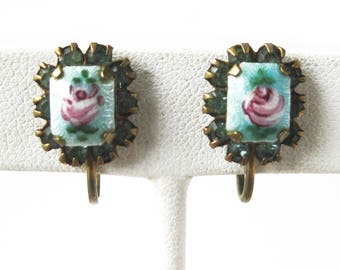 Vintage Guilloche Enamel Rose Earrings with Sparkly Blue Rhinestones / Petite Gold Tone Metal / Screw Back / Costume Jewelry / Gift for Her