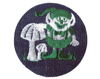 Mushroom and Elf Patch, 1970s Embroidered Patch, Garden Gnome, Patch Collection, Custom Clothing, Vintage Iron-On Patch, Sew-On Denim Patch