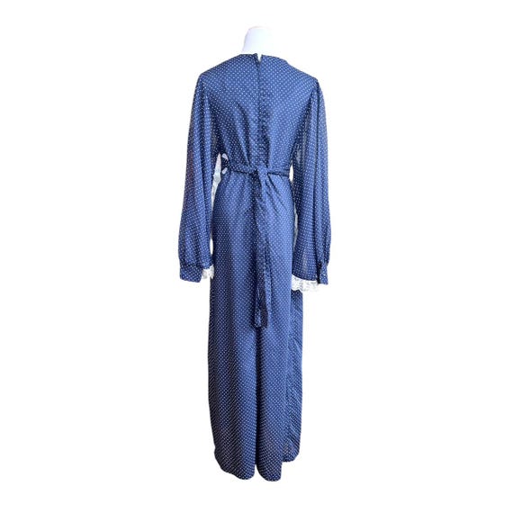 1970s Navy Blue Polka Dot Maxi Dress with White Lace … - Gem