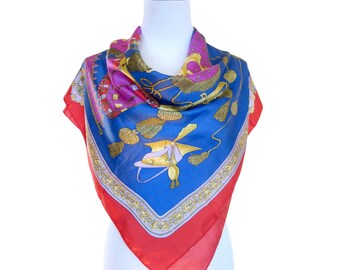 Vintage Classical Military Theme Scarf, Blue Red Purple & Gold Scarf, Regal Style with Military Helmets, Swords and Drums, Hermes Style