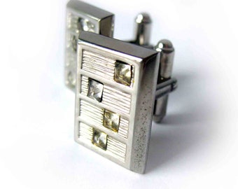 Vintage Cuff Links with Rhinestones / Geometric Silver Tone Cufflinks / Mens Jewelry / Unisex Cuff Links / Hickoc Silver Unisex Jewelry