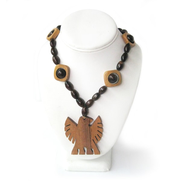 Vintage Wood Thunderbird Pendant, Light Wood Pendant and Bead Necklace, Boho Style Jewelry, Festival Jewelry, Southwest Style, Desert Style