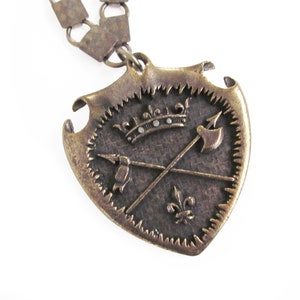 Renaissance Revival Royal Pendant on a Chunky Link Chain, Heraldry, Heraldic Bronze Tone Pendant with Fleur de Lis and Crown Brooch