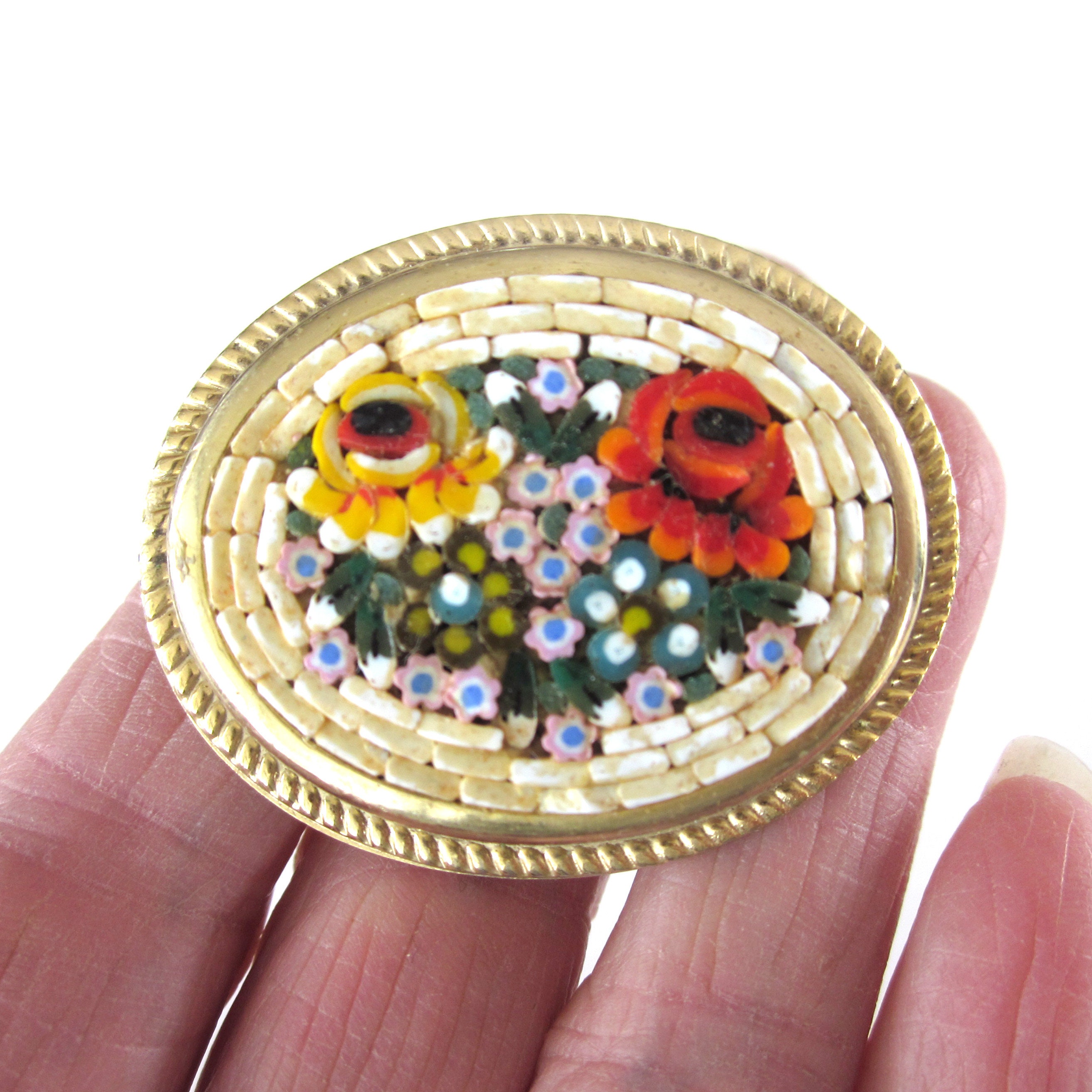 Vintage Italian Micro Mosaic Brooch: Floral Brass Jewelry With Red