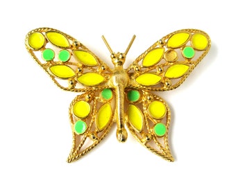 Vintage Butterfly Brooch, Etched Gold Tone Butterfly Pin with Yellow and Green Enamel, Gift for Her, Scarf Pin, Mother's Day Gift