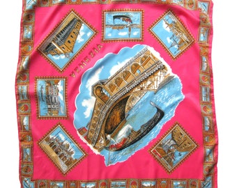 Vintage Venezia Souvenir Scarf, Illustrated Venice Italy Scarf, Postcard Design, Scenic Illustrations, Red and Blue Scarf, Made in Italy