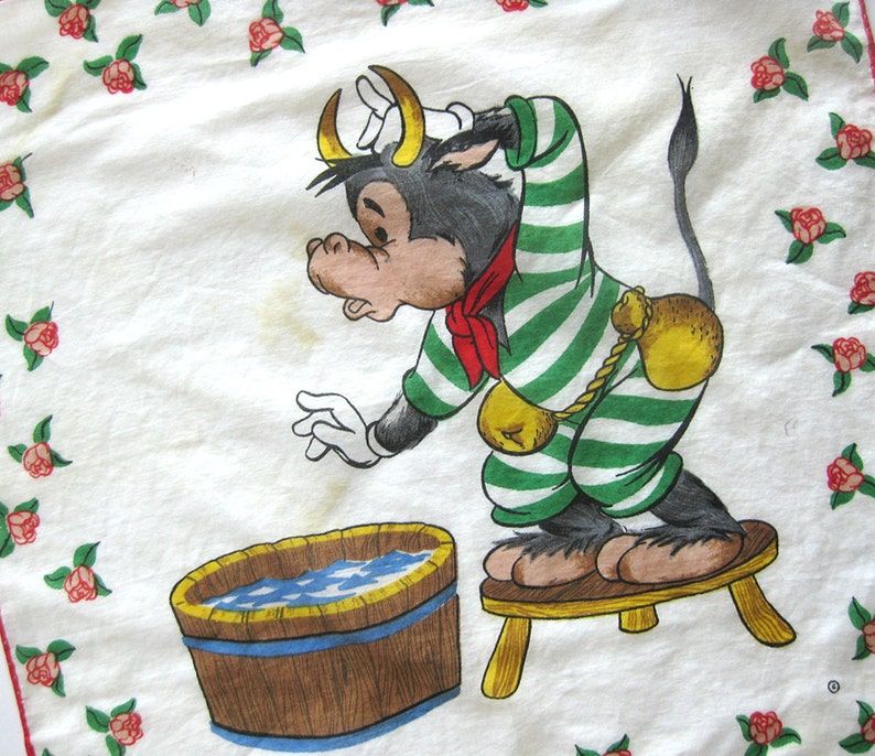 Pair of Vintage Cotton Handkerchief Bull Illustrations Child Print 1950s Cotton Hankies