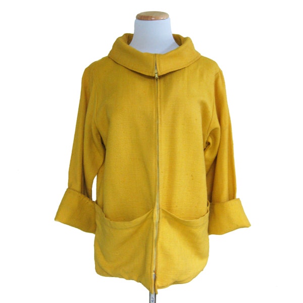 VIntage Swing Coat in Mustard Yellow, Zip Front Jacket with Cuffed Sleeves and Large Patch Pockets, Loomtogs, Nubby Linen, Rockabilly Style