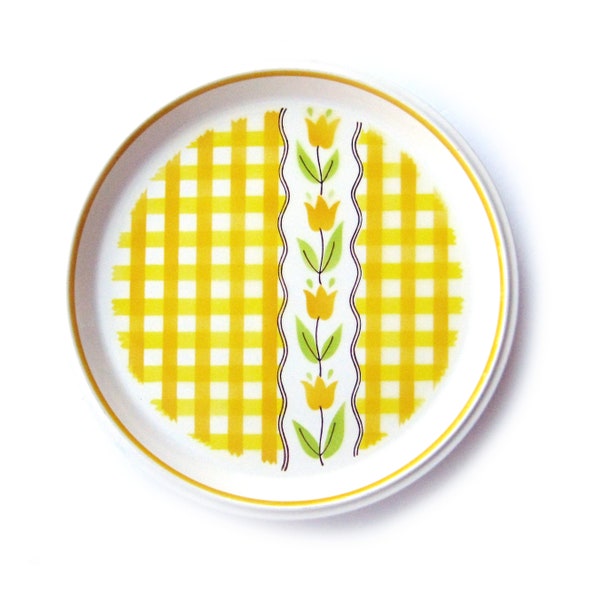 1970s Mikasa Country Gingham Stoneware Dinner Plate, Maize C7301, Yellow Checkerboard Pattern with Tulips, Vintage Plate, Cottage Farmhouse