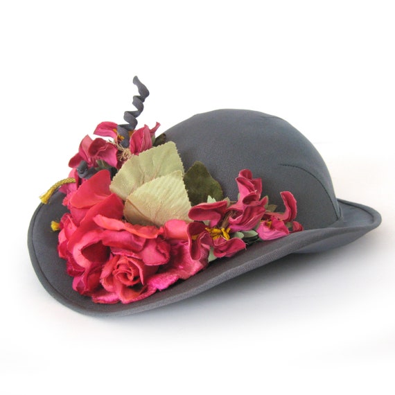 1940s Vintage Bonnet with Brim and Pink Flowers, … - image 2