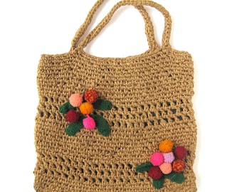 Crochet Jute Bag with Pom Poms, Handmade Shoulder Bag, Hippie Style Market Bag, Yarn Pom Pom Decoration, Boho Chic Purse