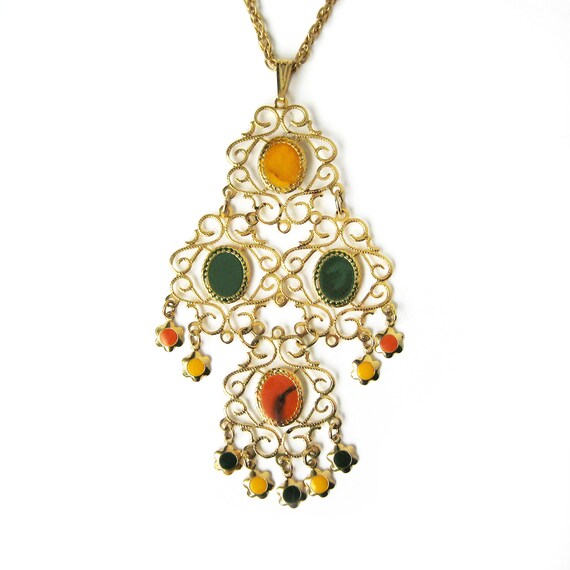 Vintage 1970s Gold Tone Filigree Pendant With Colorful