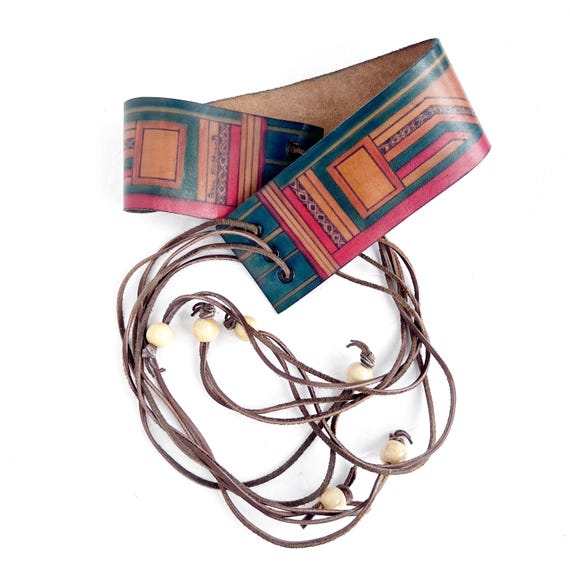 Vintage Hand Painted Leather Belt, Fringe Tie, Mod Hippie  display picture 1