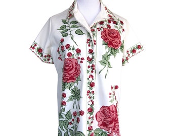 Vintage Floral Blouse, 1960s Polyester Double Knit Top, Red Rose Print, Floral Shirt, Mod Short Sleeve Top for Summer, Anthony of Miami