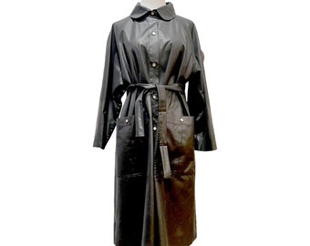 Bonnie Cashin Black Trench Coat with Large Patch Pockets and Tie Belt, Designer Coat, Black Sateen Snap Front Swing Coat, RARE Beautiful